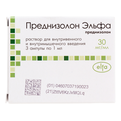 Преднизолон Эльфа раствор для в/в и в/м введ 30 мг/мл 1 мл ампулы 3 шт Преднизолон Эльфа раствор для в/в и в/м введ 30 мг/мл 1 мл ампулы 3 шт